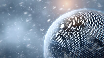 A futuristic digital globe overlaid with a glowing pixelated network grid drifts through a snowy cosmic atmosphere with soft ethereal sunlight in the