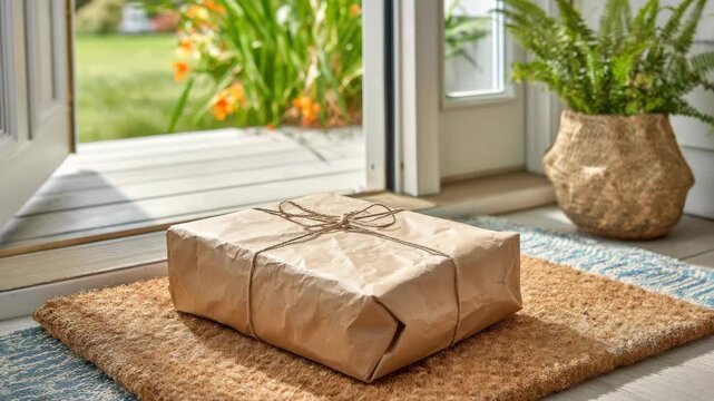 Close Up of a Brown Wrapped Package with String on a Doormat outside a White Door with Wooden Decking and Greenery in the Background