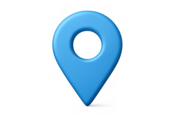 Blue 3d location map pin icon indicating gps navigation, destination, and point of interest on transparent background