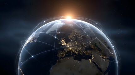 Global digital network connecting cities on planet Earth at dawn viewed from space