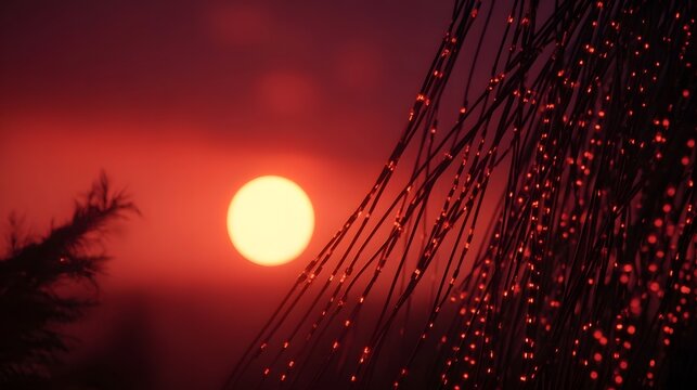 Vivid crimson sunset illuminates the sky with the sun as a bright orb behind silhouette pine needles glistening with dew drops - Powered by Adobe