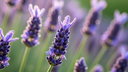 Close-up of lavender flowers with morning dew drops in a soft focus background