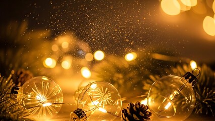 Christmas ornaments with fairy lights and pine cones, festive holiday background