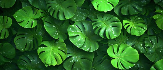 Lush Tropical Foliage on Dark Green Floral Background