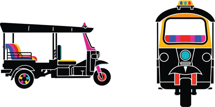 Stylized tuk tuk illustration front and side view of a thai taxi