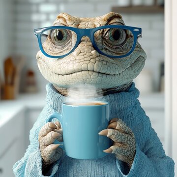 Adorable crocodil wearing glasses, holding mug, dressed in cozy sweater, sitting against soft background, showcasing whimsical and charming personality in playful indoor setting. atmosphere of comfort