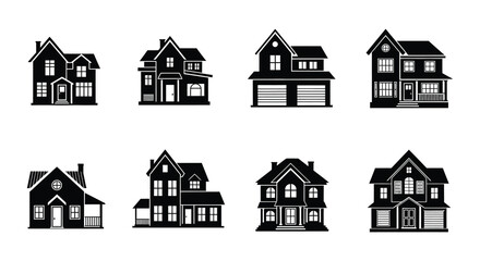Collection of simple black and white house icons in varying styles