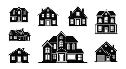 Collection of simple black and white house icons in varying styles