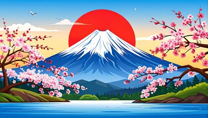 Serene japanese landscape showcasing mount fuji with cherry blossoms around