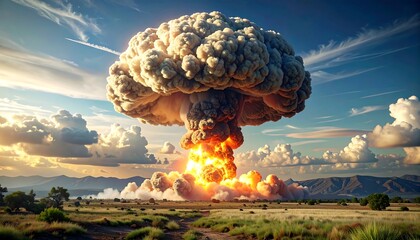 Dramatic mushroom cloud over vast landscape symbolizes devastating destruction