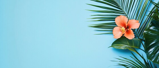 Exotic Palm Leaf and Floral on Blue