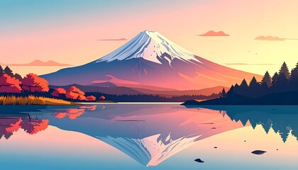 Majestic Mount Fuji Landscape Reflecting in Serene Lake at Dusk Illustration