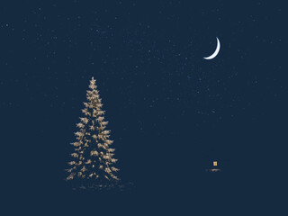 Naklejka premium Cozy Winter Night: Lit Christmas Tree, Cabin, and Crescent Moon in Snowy Forest