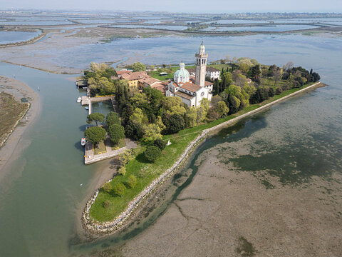 aerial view of sanctuary of barbana, barbana island, italy