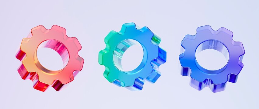 Set of 3D gear settings icon, configuration system control concept. Colorful gradient glass like icon, trending glass holographic icon, for graphic design, UI UX interfaces, 3d render illustration.
