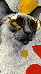 Modern art surreal siamese cat portrait with round gold sunglass symbolizing sleek animal fashion and detailed graphic illustration