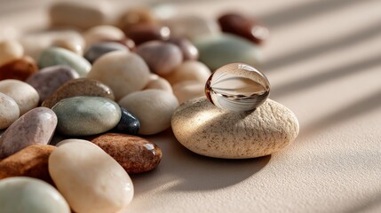 Minimalist spa layout with smooth pebbles and a glass marble symbolizing relaxation and balance