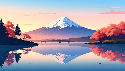 Majestic mountain reflection in serene waters against a dawn-lit sky canvas