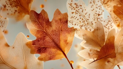 Translucent macro composition of maple and oak leaf symbolizing the beauty of the autumn season