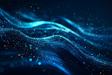 青と光の流れ ― 抽象的な輝くパーティクルと波の背景