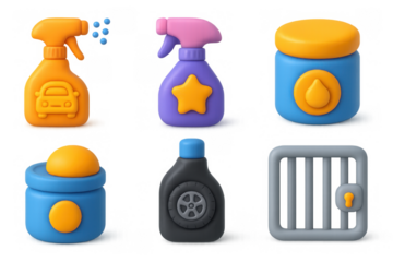 Cartoon car care icons set for automotive maintenance and cleaning design