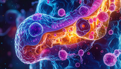 Microscopic view of vibrant purple and orange cells with intricate internal structures and glowing nuclei