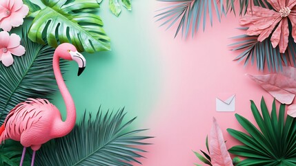 Vibrant Tropical Scene with Palm Tree and Flamingo
