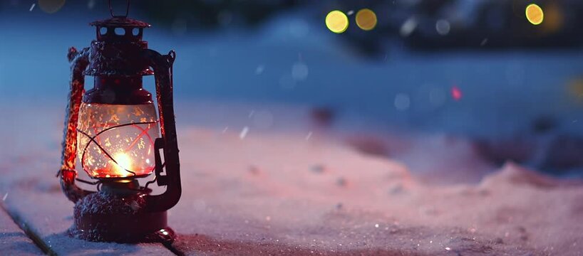 Cozy Christmas Eve: Flickering Lamp, Blue Tones, Falling Snow. Perfect for winter projects, holiday greetings, and background footage