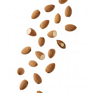 Falling almonds whole and halved isolated AI generated