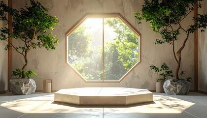 Minimalist interior with octagonal window, podium, and potted trees bathed in sunlight room