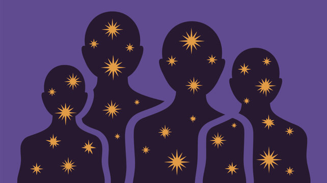 Abstract cosmic figures sparkle with inner light against a vibrant purple backdrop, perfect for spiritual guidance and wellness promotions