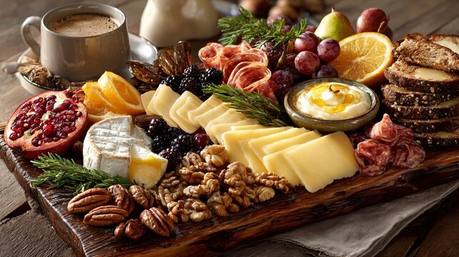 Christmas morning charcuterie breakfast board with cheeses, nuts, and fruit on rustic oak, right copy area