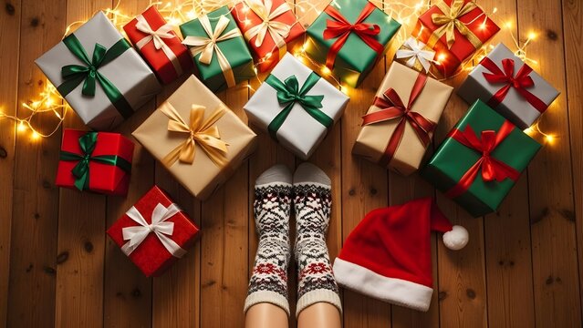 Christmas gift boxes, festive lights, santa hat. - Powered by Adobe