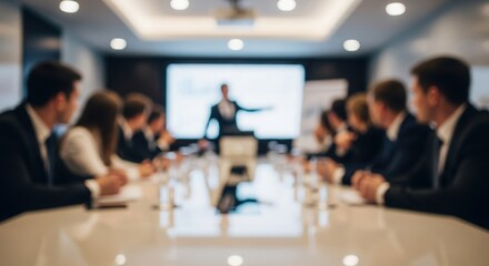 Blurred business team meeting in conference room — discussing strategy and corporate goals