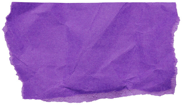 Isolated piece of crumpled rich purple paper with torn edges, scrap for collage design