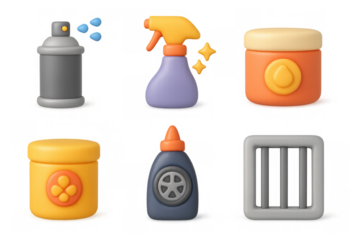 Car care icon set featuring spray bottles, containers, and filters for automotive maintenance design