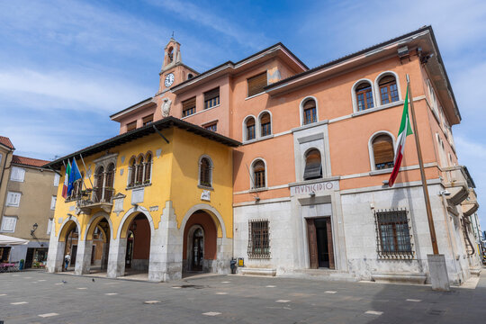 Muggia harbor with colorful houses on the Adriatic coast, Italy