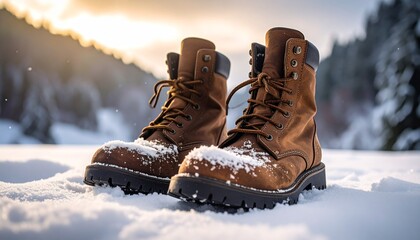 Stylish brown leather boots standing ready for a winter adventure in pristine snow, promising warmth and protection for outdoor exploration, evoking a sense of freedom and rugged charm