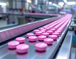 Pharmaceutical production line with rows of pink pills on conveyor belts medicine manufacturing