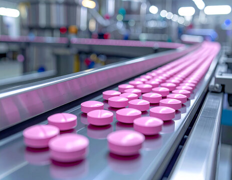 Pharmaceutical production line with rows of pink pills on conveyor belts medicine manufacturing - Powered by Adobe