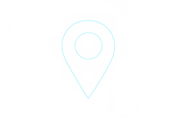 Location map pin icon glowing light blue outline showing navigation destination point on transparent background