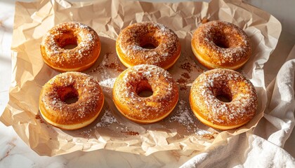 Fototapeta premium Indulge in freshly baked donuts coated with sugary sweetness, perfect for satisfying your sweet cravings, sharing with friends, or enjoying as a delightful breakfast treat