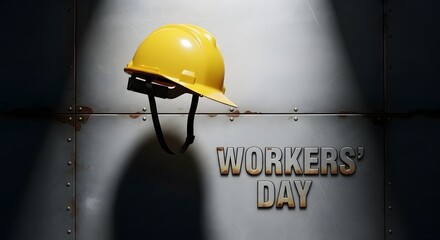 Yellow hard hat and workers day text on textured background
