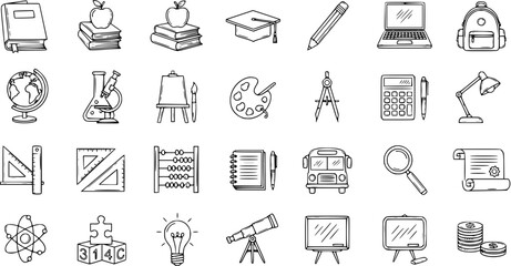 Education and School Line Art Icons Set. Hand-drawn Doodle Symbols for Learning, Academic Subjects, and School Supplies. Black and White Vector Illustrations.