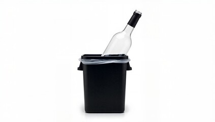 An empty wine bottle in a trash can. Concept of quitting alcohol, sobriety, and overcoming addiction. Minimalist composition with copy space