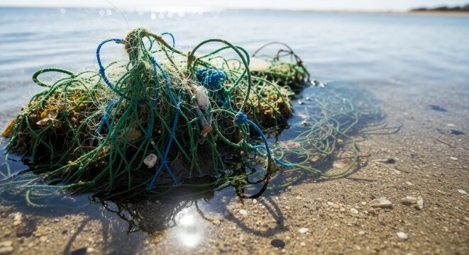 An abandoned fishing net washed up in shallow water on a sandy beach. Discarded ghost net representing plastic pollution and marine debris. Environmental conservation and ecology concept