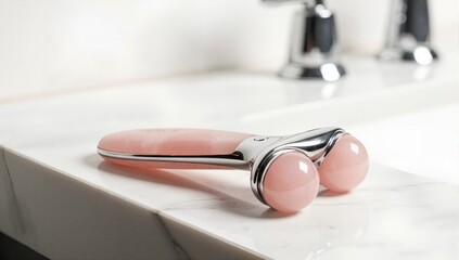 Rose quartz face massager on a white marble bathroom counter. Skincare and beauty tool for a self-care routine. Natural wellness and anti-aging concept