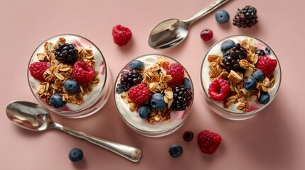Flat lay of yogurt parfaits layered with granola and winter berries on pastel blush background, top copy area