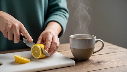 Hands slicing a fresh lemon on a cutting board for a cup of hot tea. Preparing a healthy warm beverage for wellness and self-care