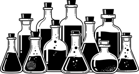 Obraz premium Outlined vector illustration of assorted glass bottles filled with liquid for alchemy or science
